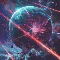 A crystalline warglobe under attack by the Thunderhead bridge crew, with high-energy particle laser bolts and Jazer bolts creating bright scratches and scars against a backdrop of intense cosmic colors.