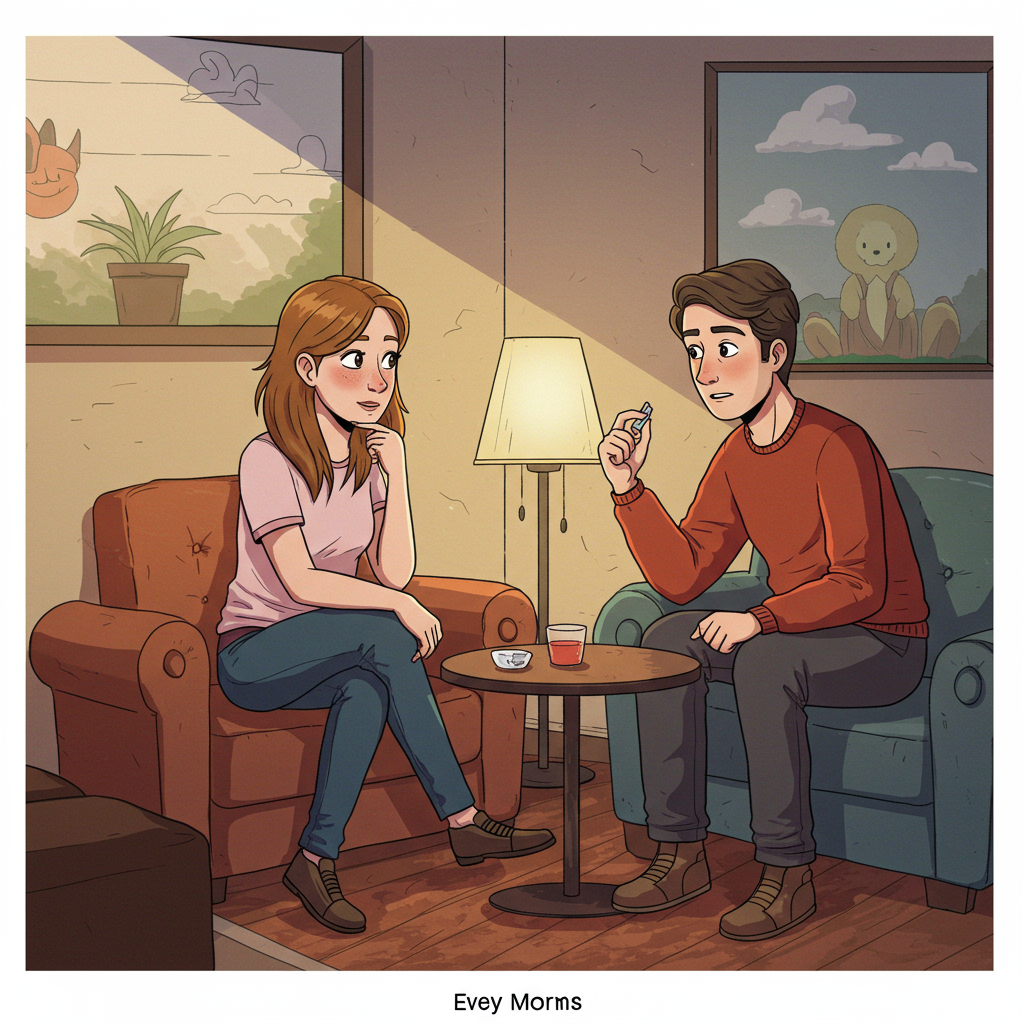 Two friends sit in a warmly lit room, engaged in an intimate conversation. One gestures with a pen while the other listens intently, embodying the nuances of their connection.
