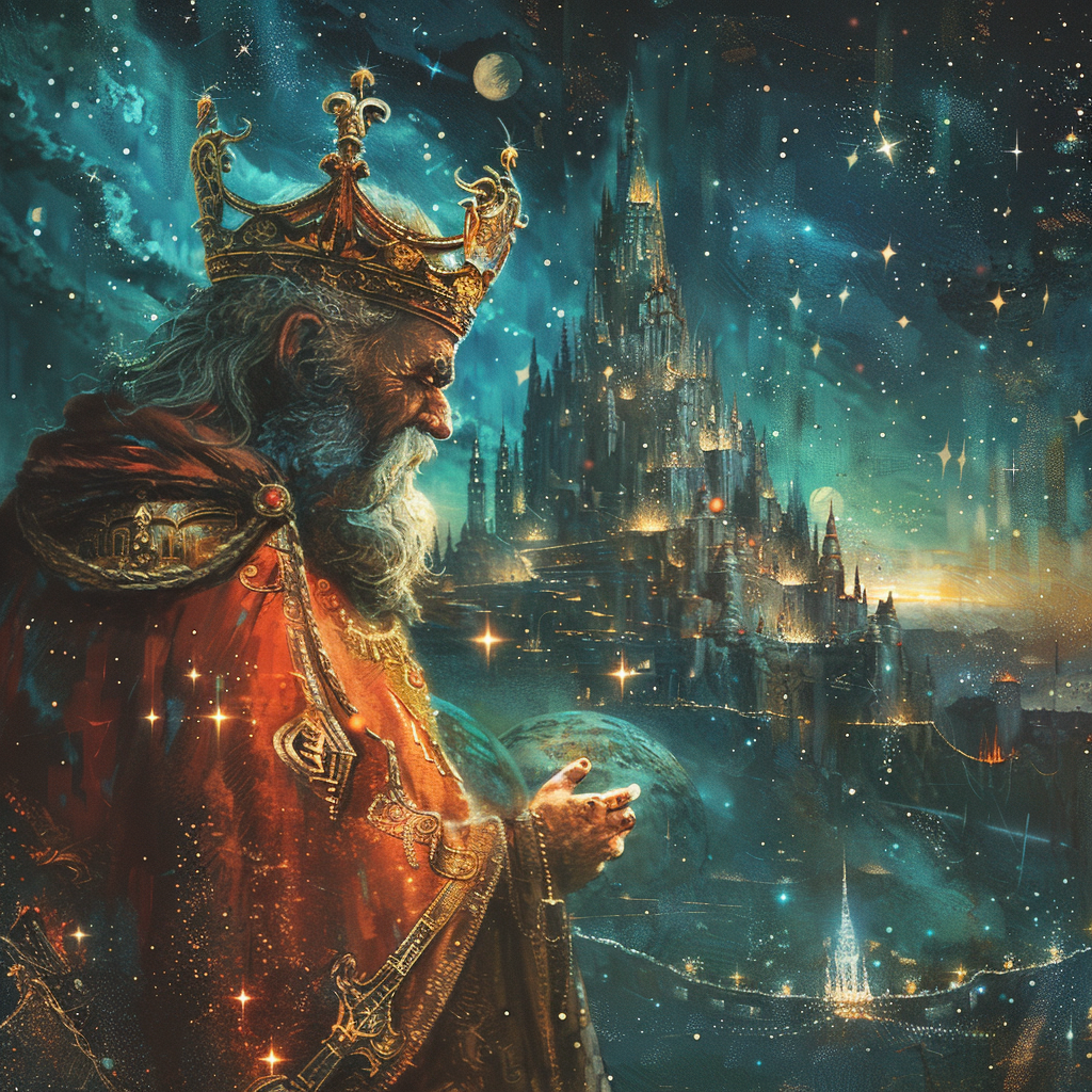 A king in a majestic robe and crown stands against a cosmic backdrop, gazing pensively at a distant, ethereal castle. Stars and nebulas surround him, reflecting his internal turmoil and isolation.