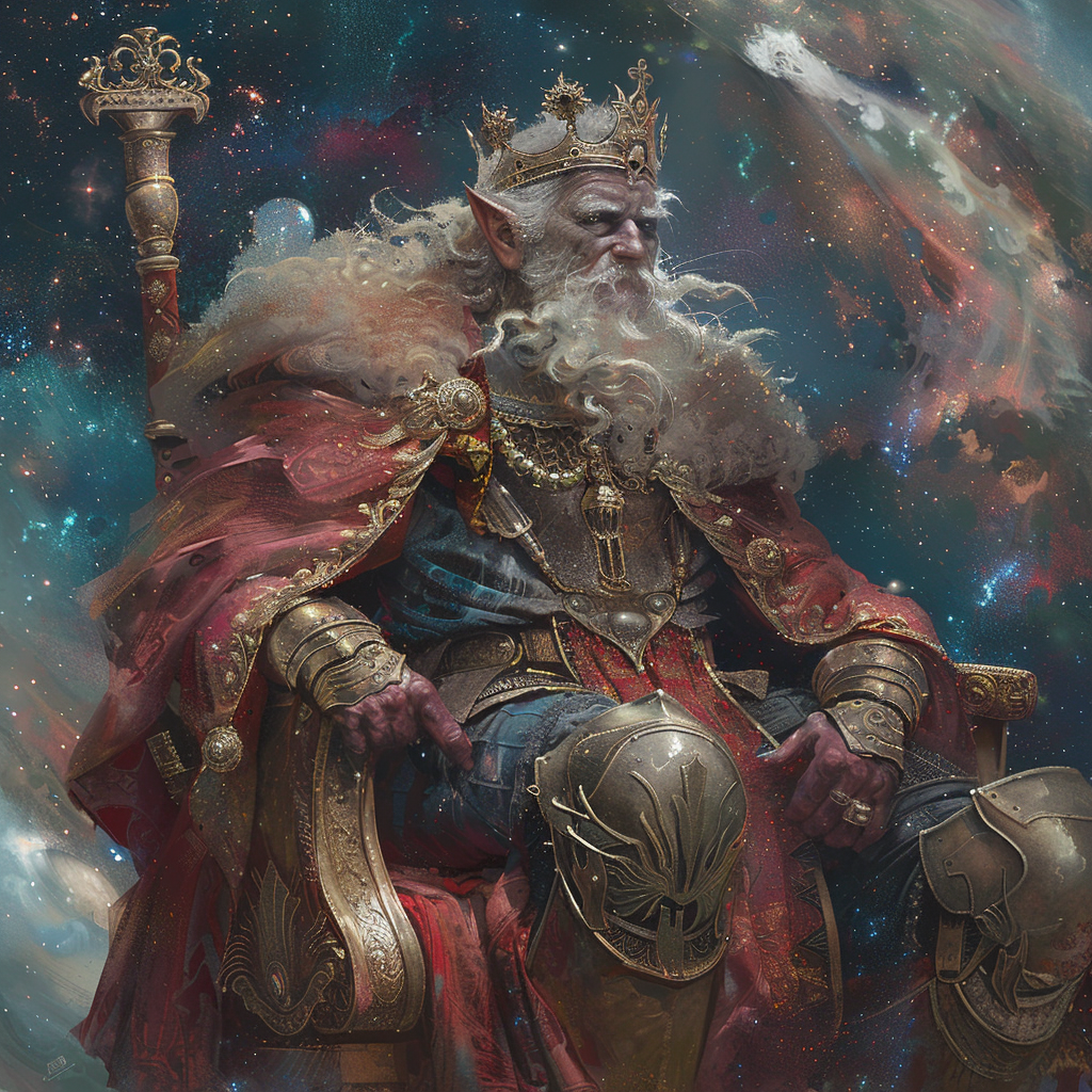 A majestic, bearded king sits on a throne adorned with gold and red, surrounded by cosmic elements, embodying his irrational power and fragile kingdom in space from the quote.