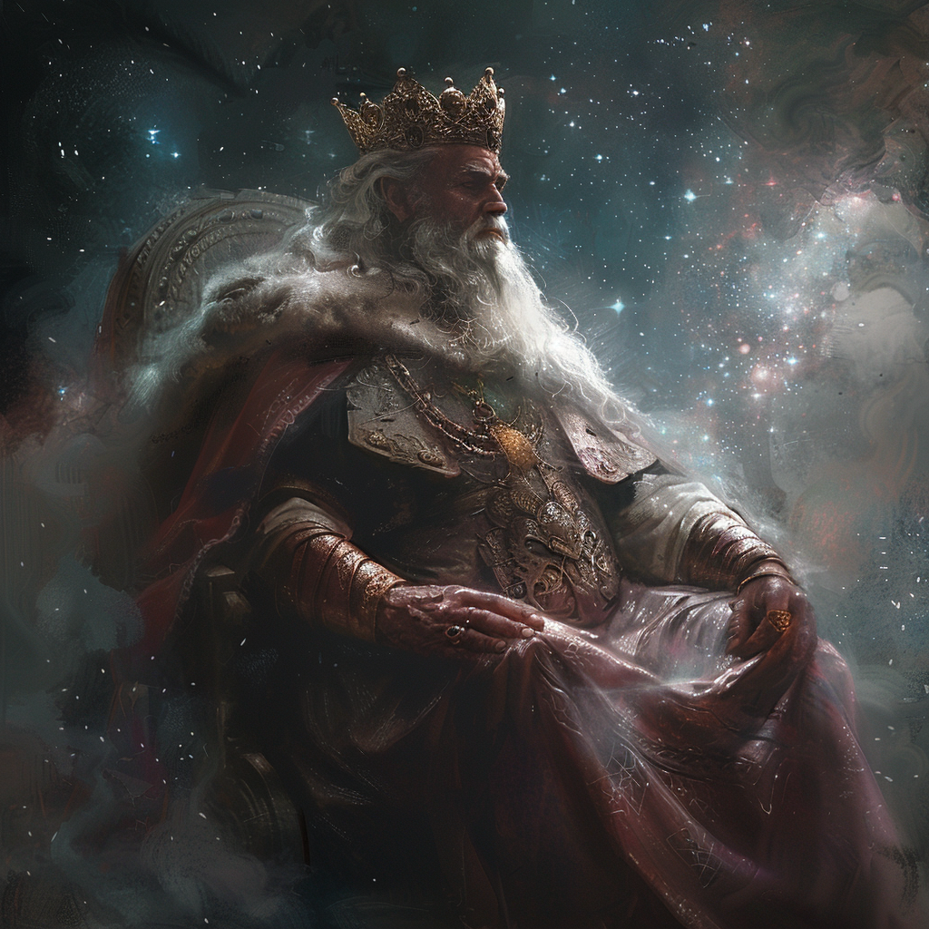 A king with a crown and flowing robes sits solemnly on a throne in space, encapsulating the idea of a ruler whose power is threatened amidst a vast, indifferent universe.