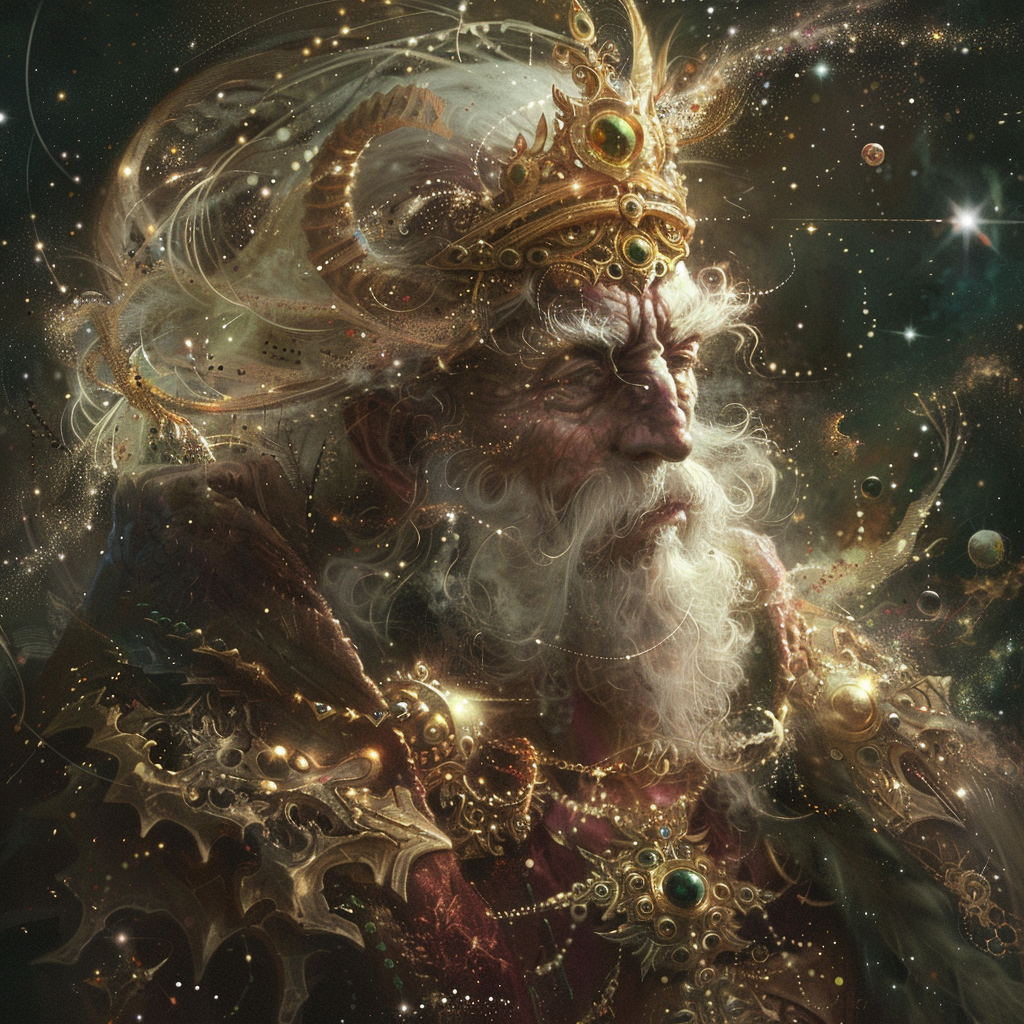 A regal, bearded king adorned with an ornate crown gazes into space, encapsulating both his majestic authority and fragile solitude. His grand attire and stern expression reflect the troubled thoughts of a ruler.