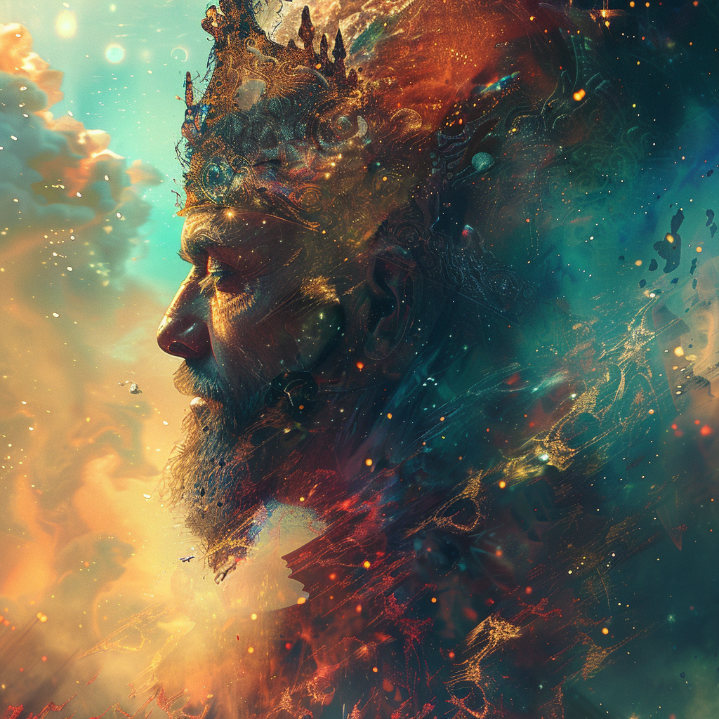 A king with a crown gazes solemnly into cosmic clouds, symbolizing his fragile reign in a universe where his power is diminished and mocked by rulers of many worlds.