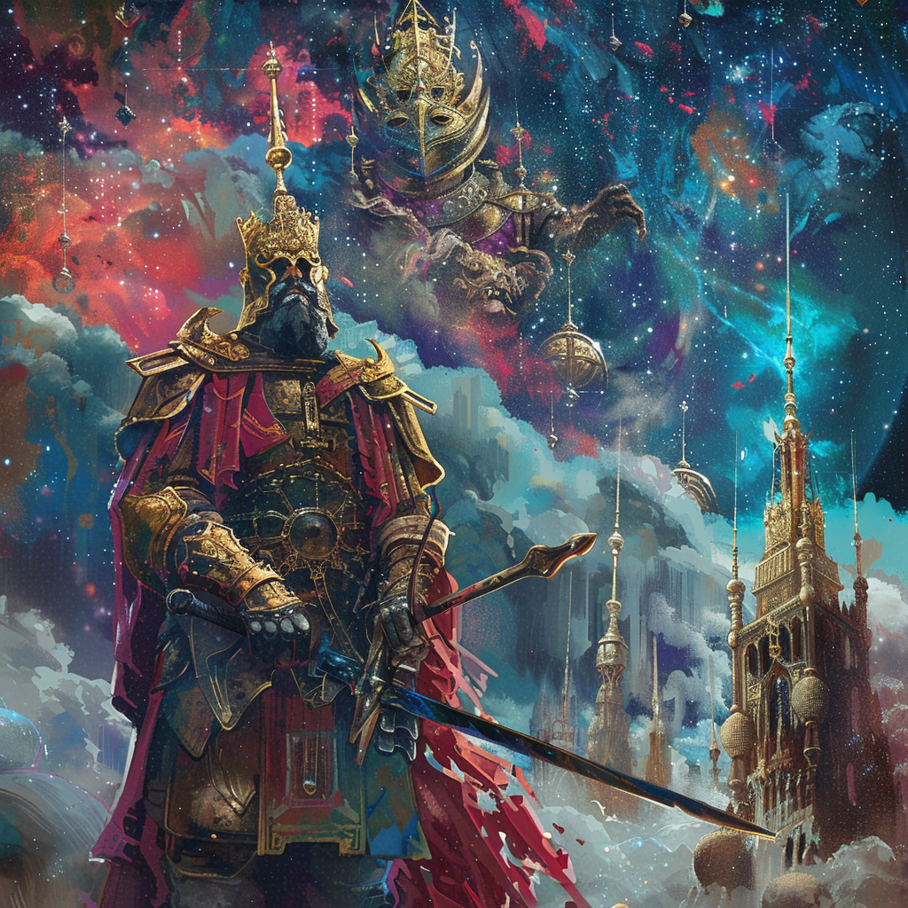 A regal king in ornate armor stands solemnly with a sword, overshadowed by cosmic imagery, celestial figures, and a majestic palace, reflecting the tension and isolation described in the quote.