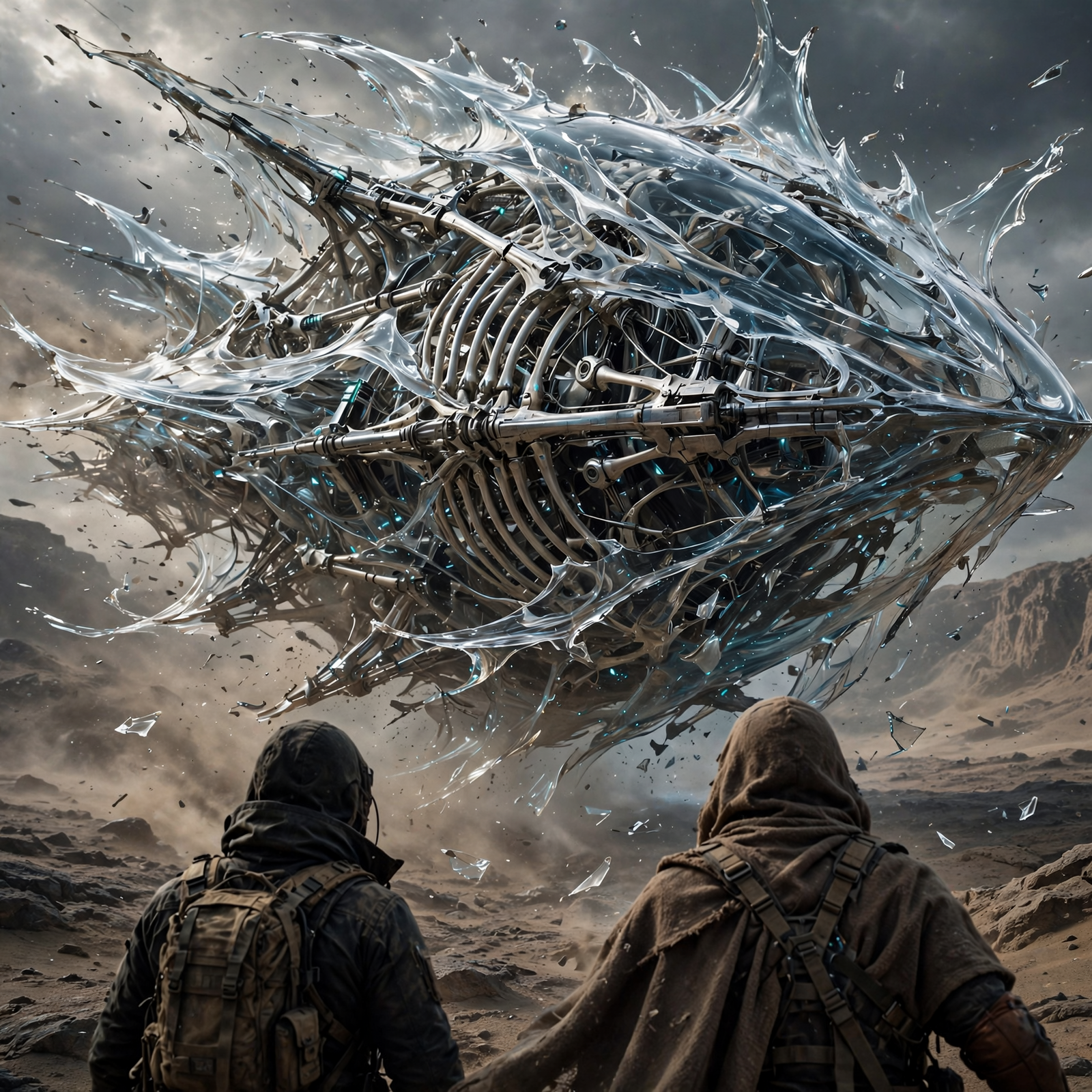 Two cloaked figures watch a massive vessel of liquid glass with transparent, shredding hull layers revealing metallic bones inside, hovering above a barren landscape.