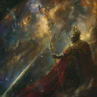 A regal figure wearing a crown and red cape stands in a cosmic landscape, holding a scepter amidst swirling galaxies, symbolizing a king whose power and kingdom seem dwarfed by the vastness of space.