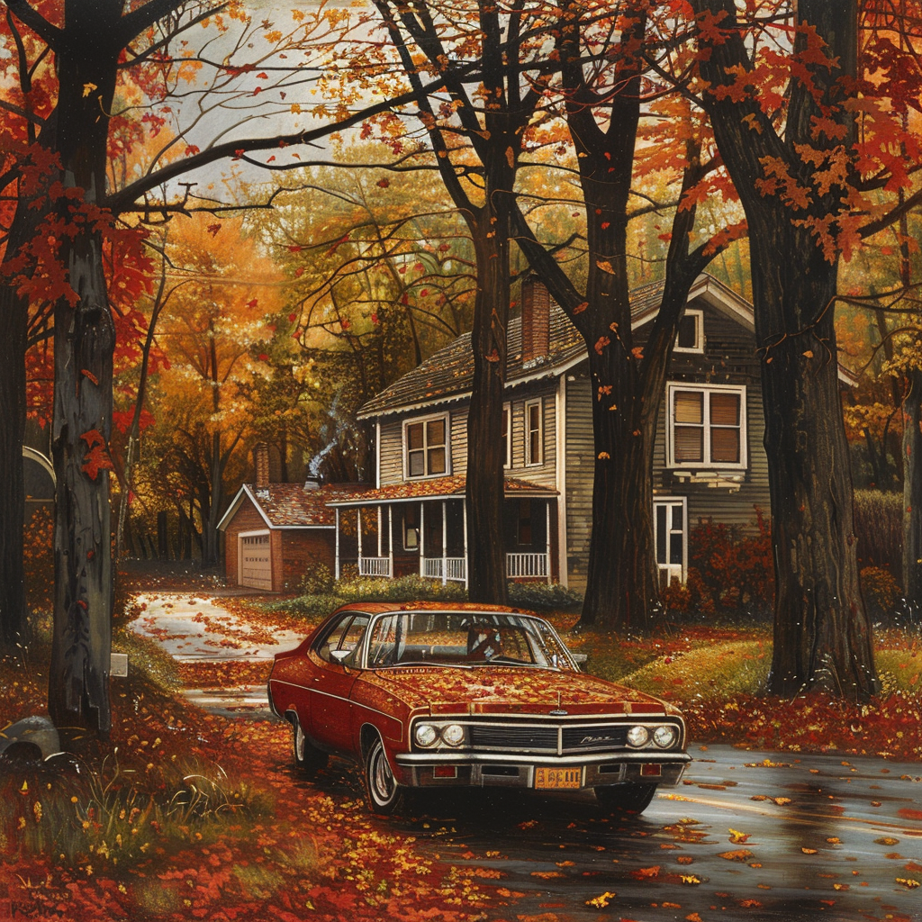 A classic car parked in front of a house amidst an autumn setting with vibrant orange and red leaves, inspired by the quote: I'm so glad I live in a world where there are Octobers.