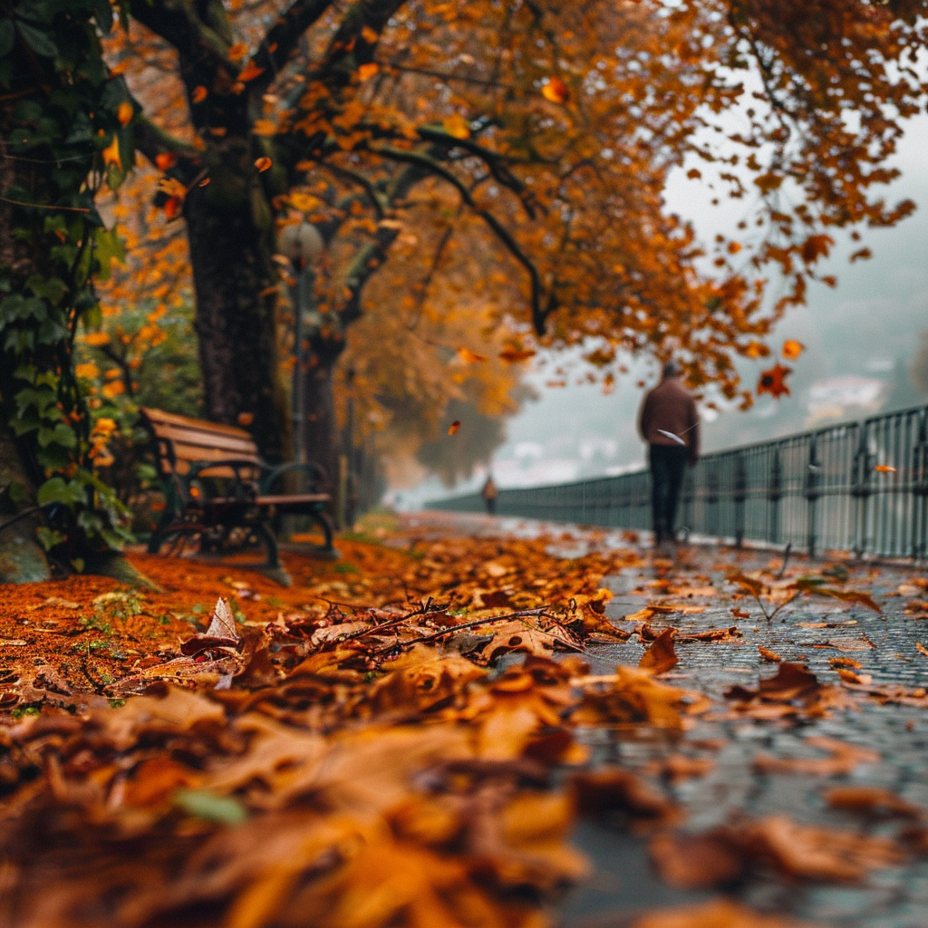 A person walks along a tree-lined path covered in autumn leaves, evoking a quote's love for October's beauty.