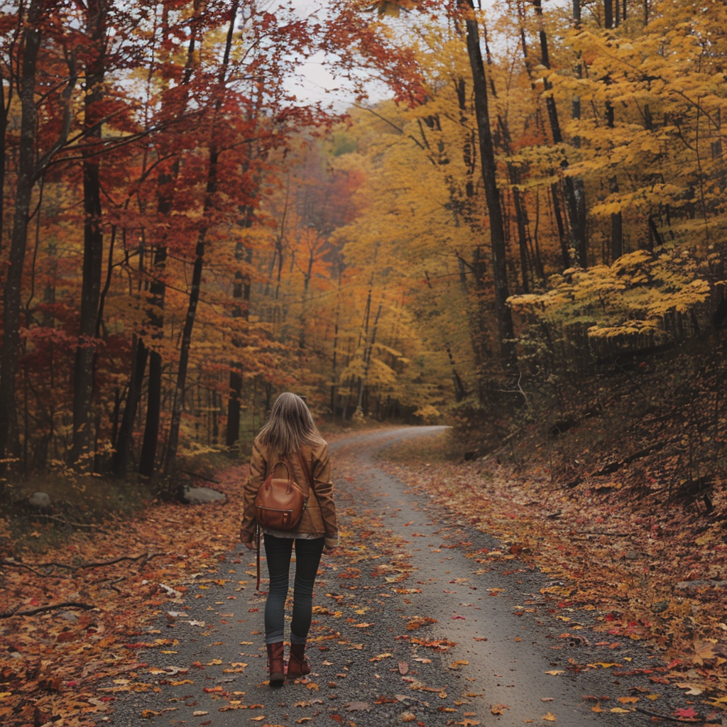 A person walks down a leaf-covered path in a forest with vibrant autumn foliage, inspired by the quote I'm so glad I live in a world where there are Octobers.