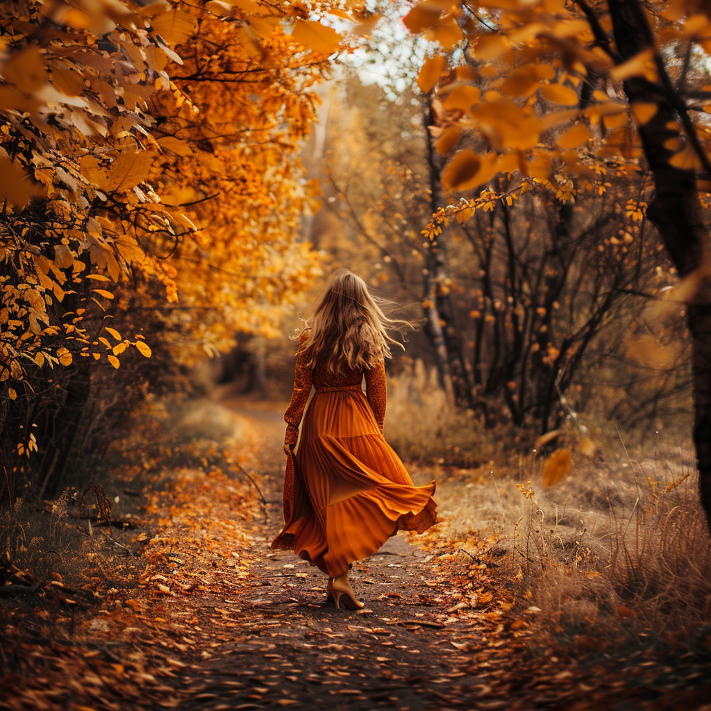 A woman in an orange dress walks down a path adorned with golden autumn leaves, epitomizing the beauty of Octobers described in the book quote.