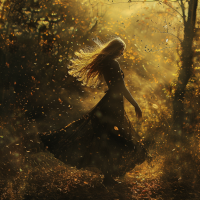 A silhouette of a woman in a flowing dress stands in a sunlit forest, surrounded by falling leaves. The image evokes the quote, I'm so glad I live in a world where there are Octobers.