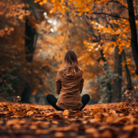 A person sits on a leaf-covered path in a forest, surrounded by vibrant autumn foliage, reflecting the beauty of October with golden and orange leaves hanging overhead.