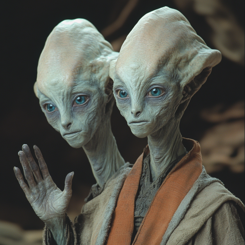 An alien being with two heads and three arms waves. Its humanoid appearance is marked by blue eyes and a rugged expression. The image captures a being resembling the character described in the book quote.