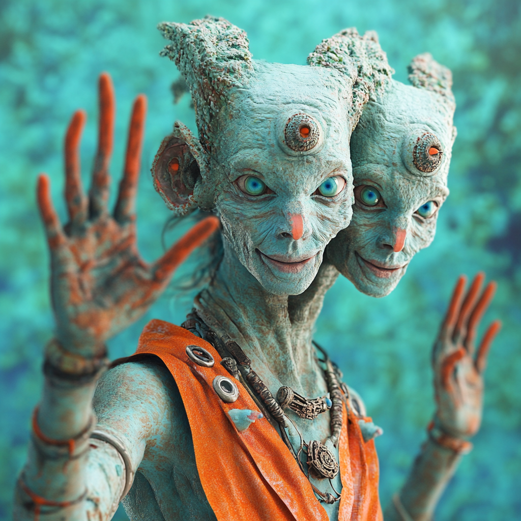 A humanoid alien with two heads and a third arm waves. It has tousled fair hair, blue eyes, and wears an orange vest. The character has an unshaven face and a mysterious glint in its eyes.