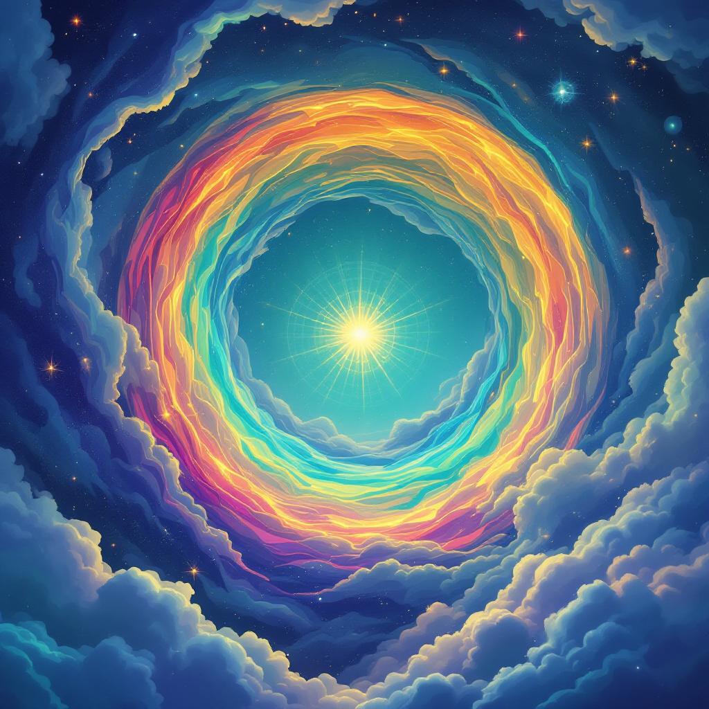 A vibrant circular portal radiates light at its center, surrounded by swirling, colorful clouds, embodying the endless cycle of creation and destruction referenced in the quote.