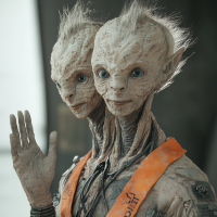 A humanoid alien with two heads and three arms waves, sporting tousled hair and blue eyes. Both heads feature rugged, unshaven chins, and the creature's expression carries an enigmatic glint.