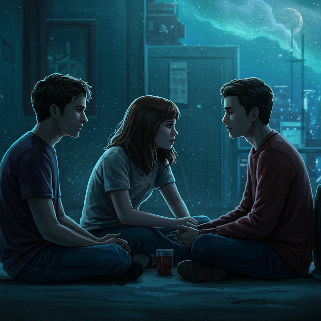 Three young friends sit on the floor in a dimly lit room, sharing an intense conversation, their hands touching, while a starry night sky glows outside the window.