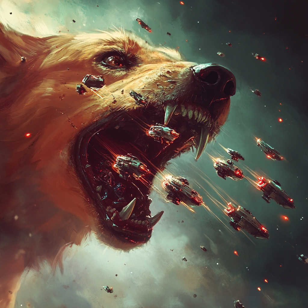 A large dog with an open mouth swallows a fleet of small spaceships, capturing the absurdity of a battle fleet being accidentally swallowed by a small dog.