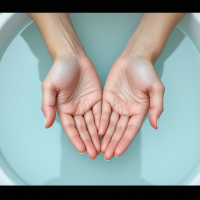 Two open hands gently hovering above calm water, symbolizing cleanliness and purity, echoing the quote, Keep your hands clean. The serene water enhances the message.