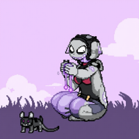 A stylized character with a mischievous smile holds shimmering crystals, sitting on the grass next to a small black cat, against a soft purple backdrop, capturing the essence of Femdom and surrender.