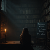 A dimly lit library with tall shelves filled with books. A figure sits at a table, facing a chalkboard that quotes, We’re all born strangers to ourselves and each other. A candle flickers nearby.