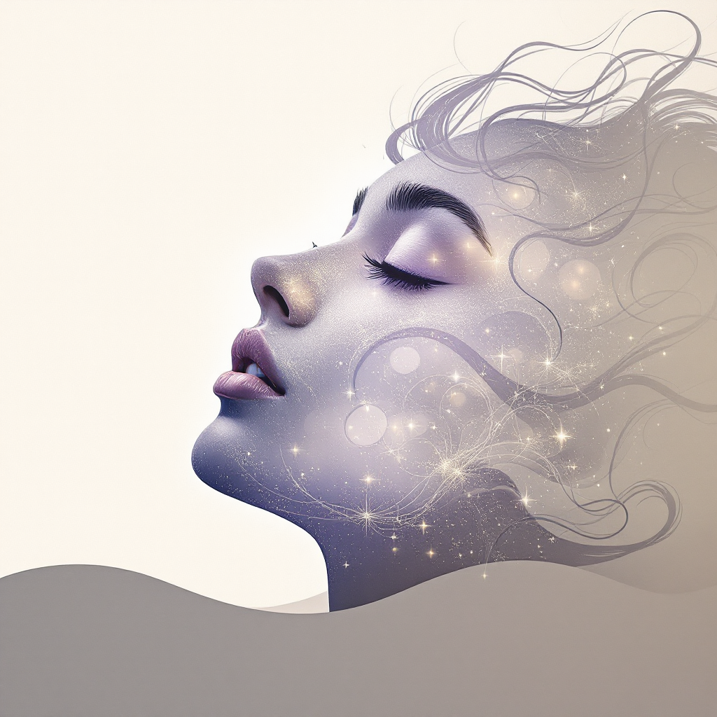 A serene profile of a woman surrounded by ethereal swirls of light, embodying the quote Life is a dream and reflecting the nature of memory as an embrace of that dream.