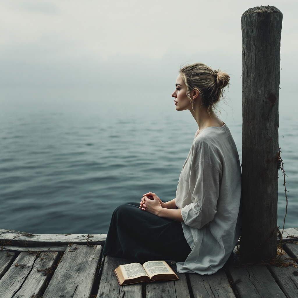 A woman sits in contemplation on a dock, gazing out at a calm, expansive sea, with an open book beside her, embodying the journey of learning to live with pain.