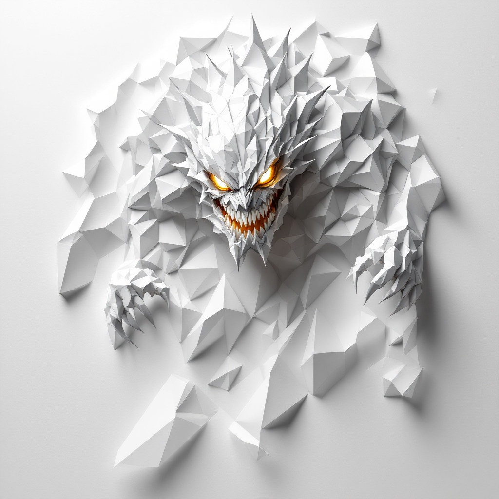 A jagged, white monster emerges from a fragmented wall, showcasing fierce orange eyes and a menacing grin, embodying the quote, Better be a monster than a victim.