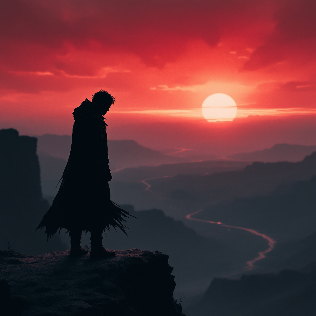 A silhouetted figure stands on a cliff's edge against a striking red sunset, embodying defiance and determination, echoing the quote: I’m not going to die. I’m going to make them die.