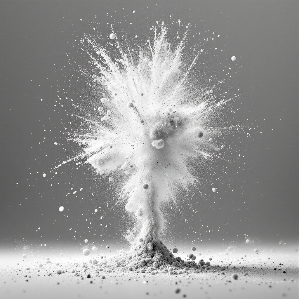 A dynamic burst of white powder explodes against a gray background, symbolizing the transformative power of actions and the search for meaning, reflecting the essence of the quoted value.