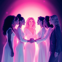 A group of powerful women in elegant white dresses stands in a circle, smiling and holding hands, surrounded by a glowing pink aura, embodying strength and support.