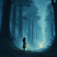 A girl stands in a foggy forest holding a lantern, as a bolt of lightning illuminates the night sky, capturing the dual nature of fear—both invigorating and paralyzing.