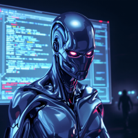 A sleek, futuristic humanoid robot stands before a glowing computer screen filled with code, embodying the stealth and surprise of cyber threats, echoing the quote on digital robbery.