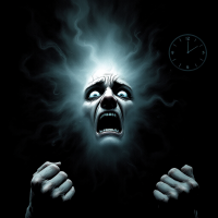 A distorted face expresses anguish, surrounded by an ethereal glow. Dark shadows emphasize the emotion, while a clock in the corner suggests the relentless passage of time.