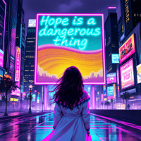 A figure in a white coat stands in a vibrant, neon-lit city, gazing at a large billboard that reads, Hope is a dangerous thing, capturing the duality of hope's impact.