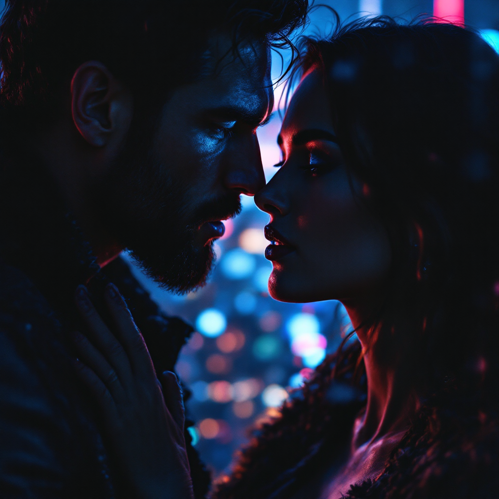 A man and woman face each other intimately, their noses almost touching, surrounded by a blurred, colorful cityscape. The scene conveys deep connection and emotion.