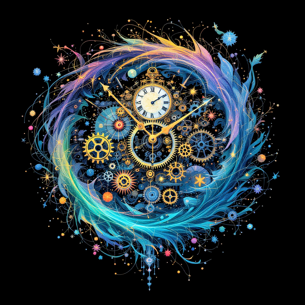 A vibrant swirl of colorful gears and clock hands, depicting the passage of time and the potential for change, reflecting the sentiment: We can’t fix everything, but we can try.