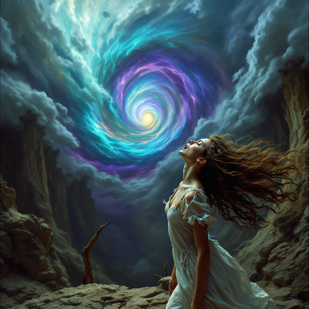 A young woman in a flowing dress stands in a dramatic landscape, gazing upward at a swirling, colorful vortex amidst dark, tumultuous clouds, symbolizing chaos and introspection.