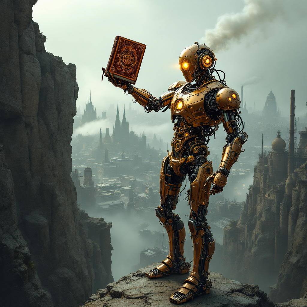 A golden robotic figure stands atop a cliff, holding an ornate book. The industrial landscape below shrouded in mist reflects the theme of self-authorship and destiny.