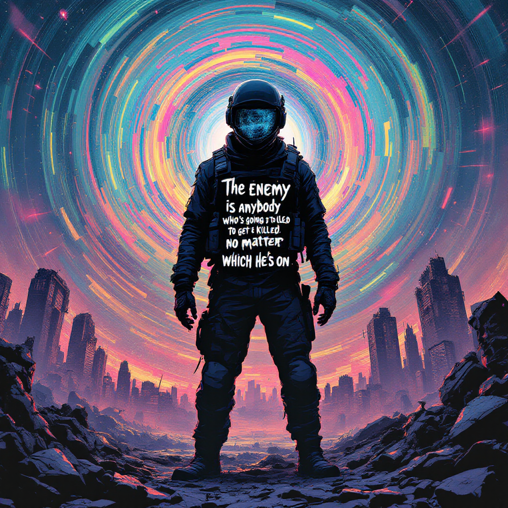 A lone astronaut stands in a futuristic cityscape, surrounded by swirling colors. The quote, “The enemy is anybody who’s going to get you killed, no matter which side he’s on,” is boldly displayed on their suit.