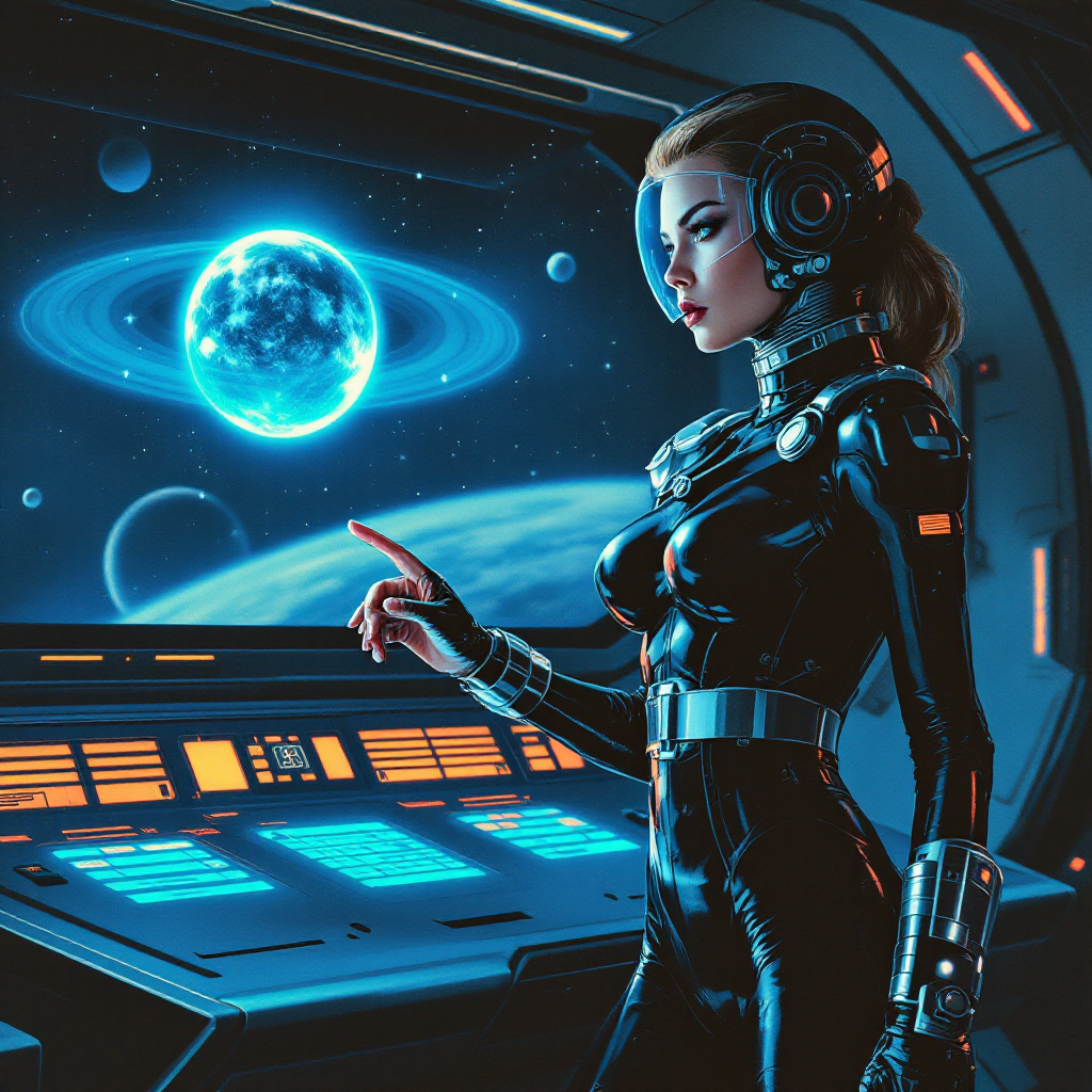 A woman in a sleek futuristic suit stands at a control panel, gazing intently at a glowing blue planet and swirling galaxies outside the window, embodying the notion of command and exploration.