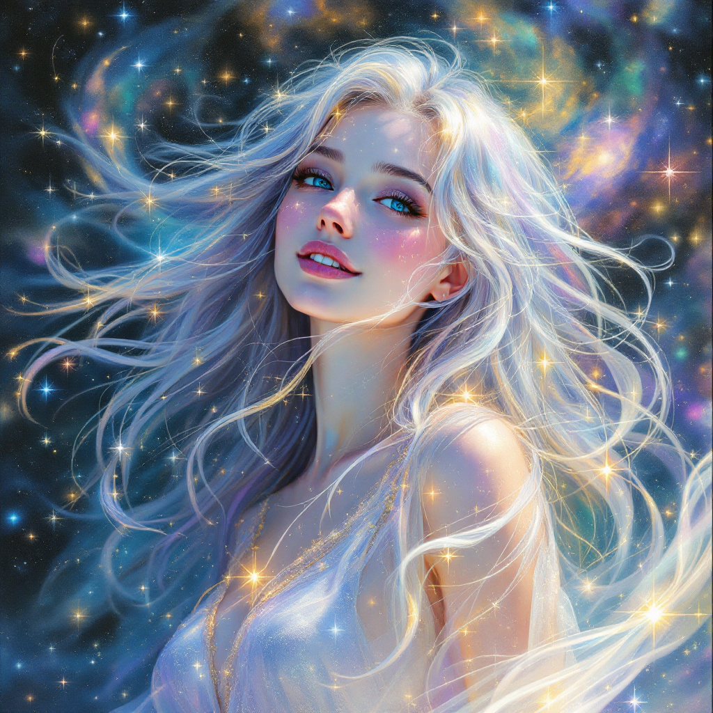 A luminous figure with flowing silver hair gazes serenely into the cosmos, surrounded by swirling stars and ethereal light, embodying the essence of dreams and celestial connection.