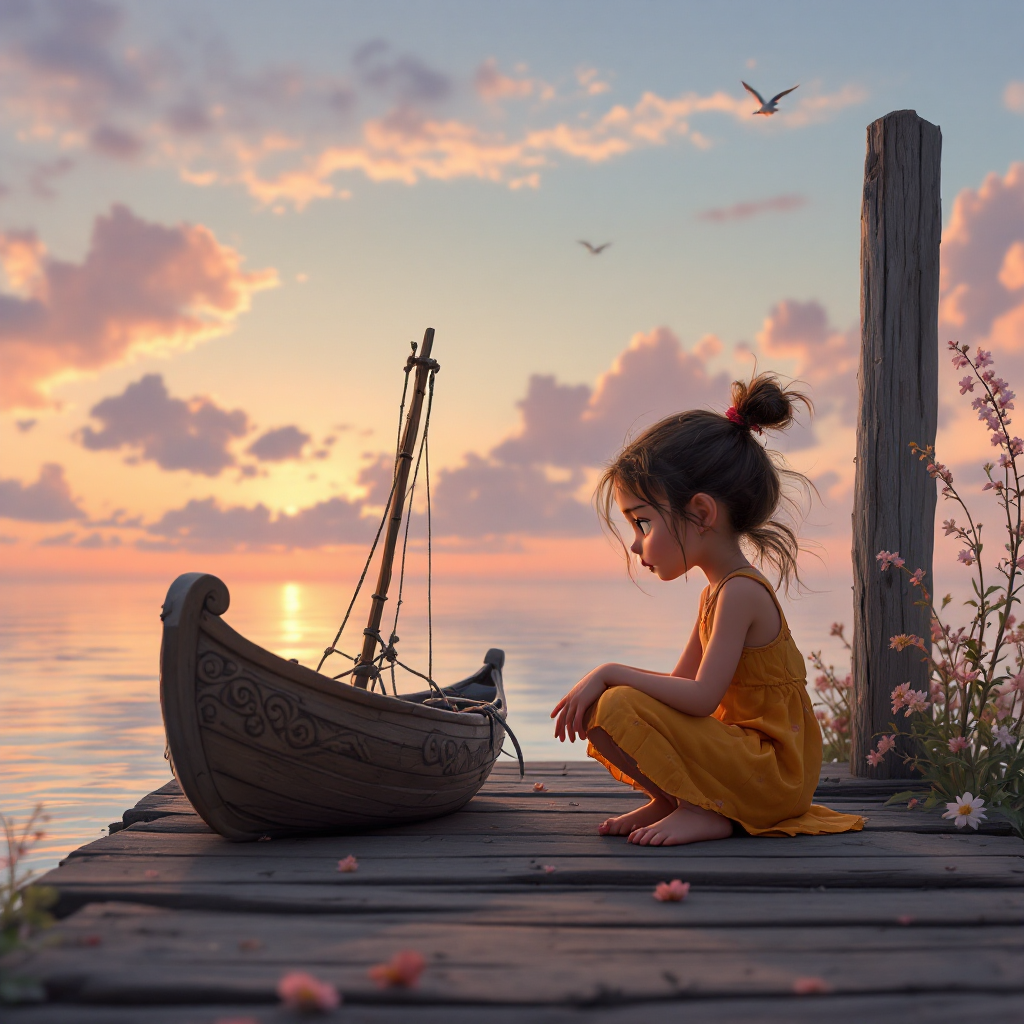 A young girl in a yellow dress sits on a wooden dock, gazing at a small boat during a colorful sunset, embodying the idea that small moments can deeply impact us.