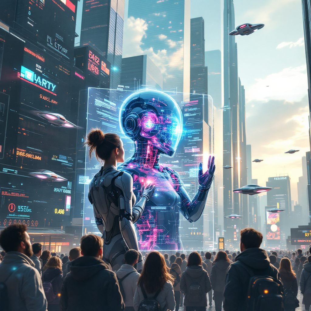 A futuristic cityscape filled with diverse people gazing at a large holographic AI figure, showcasing the complex relationship between technology and societal progress.