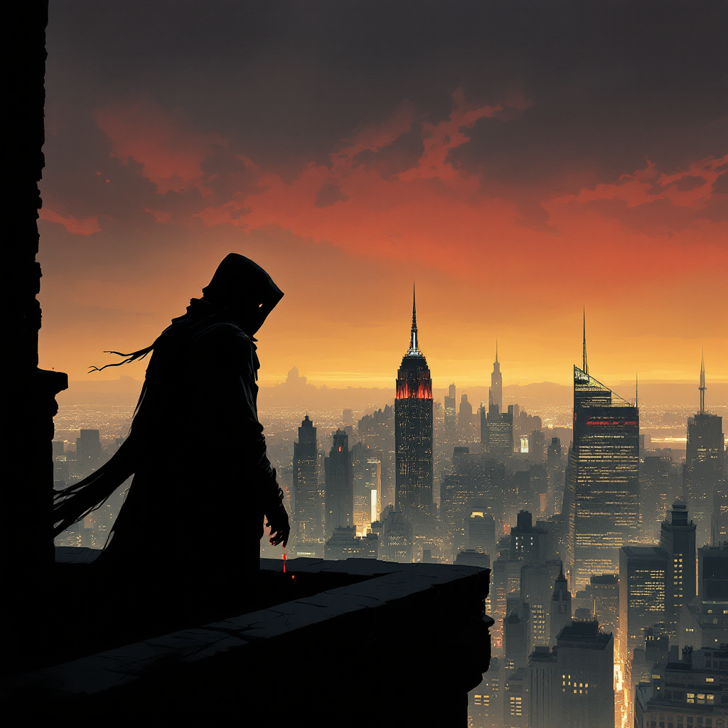 A silhouetted figure in a cloak stands on a rooftop, gazing over a sprawling city at sunset, embodying the sentiment of political suicide tied to assassination.