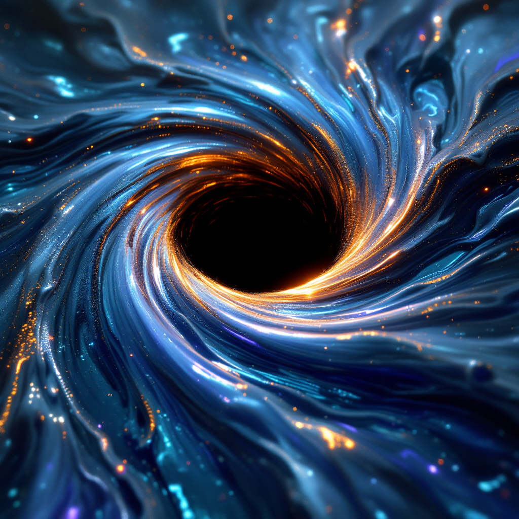 A mesmerizing cosmic swirl of deep blues and fiery oranges forms a vortex, symbolizing the quote about an unseen hole in the world, representing inner depth and absence.