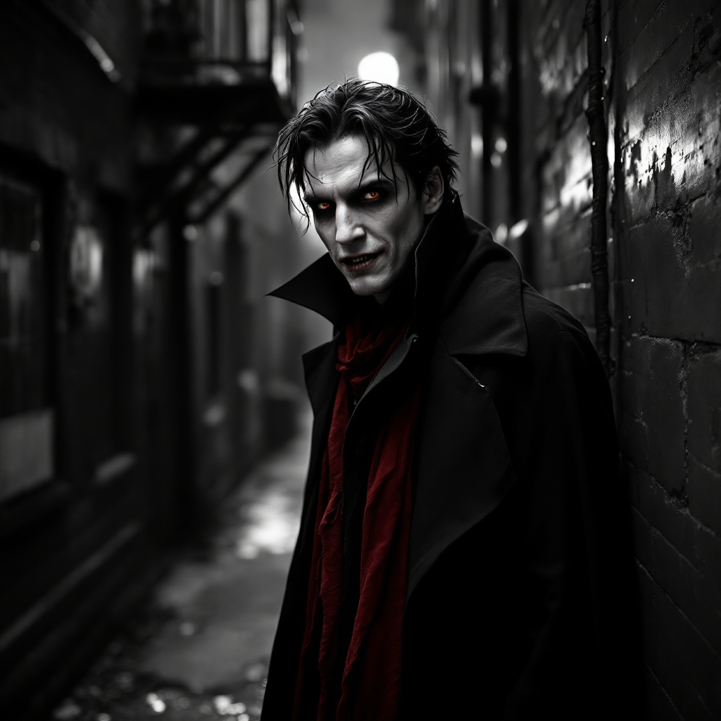 A brooding vampire stands in a shadowy alley, wearing a dark cloak and a red scarf, embodying the quote, I was a little too much like a human, even for a vampire.