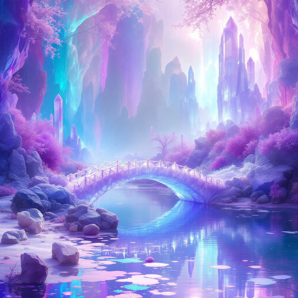 A serene landscape features a glowing bridge over tranquil waters, surrounded by ethereal crystal formations and lush, pastel-colored foliage, embodying the quote's essence.