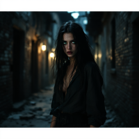 A woman with dark hair stands in a dimly lit alley, her intense gaze conveying a sense of loss and vulnerability, embodying the struggle of losing control.