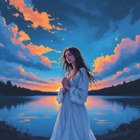 A woman in a flowing white dress stands by a serene lake at sunset, her hands clasped in contemplation, embodying the essence of the quote, We are what we love, not what loves us back.